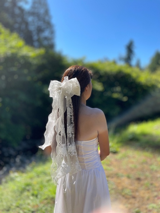 Handmade Accessories - Lace Bridal Veil with Removable Organza Bow tulle embroidered Wedding Accessory
